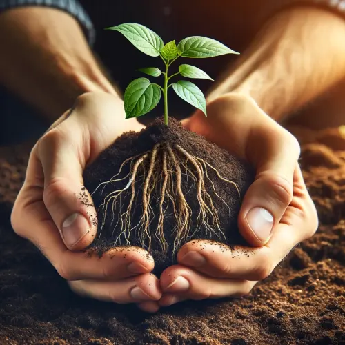 DALL·E-2024-02-05-14.11.30-Create-a-close-up-image-of-human-hands-cupping-a-larger-young-plant-with-soil-emphasizing-the-plants-growth.-The-hands-should-be-gently-cradling-the